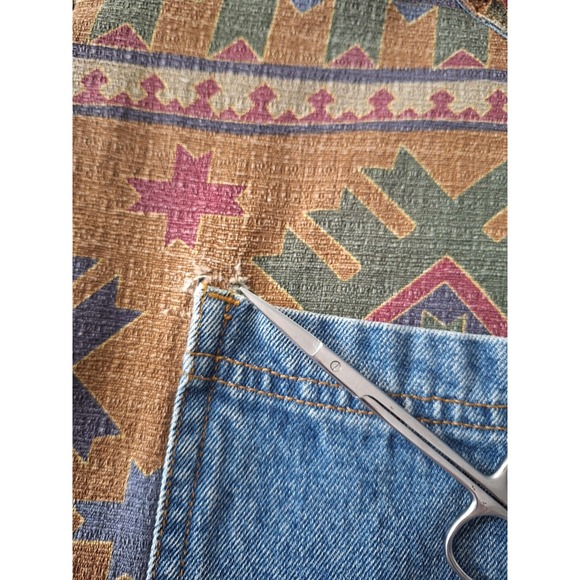Vtg Denim Corduroy Collar Chore Barn Field Jacket Womens 26/28 Blue Aztec Tribal - Picture 4 of 14